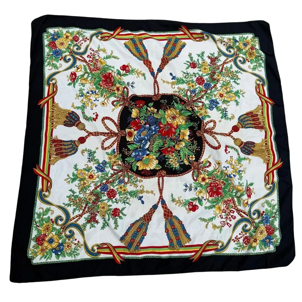 VTG Floral Bouquet Tassel Square Scarf Black White Multicolor Satin Silk Look